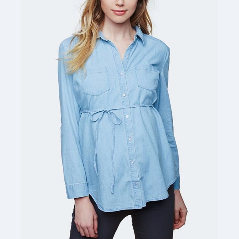 Motherhood maternity chambray denim look tie button front up shirt tunic